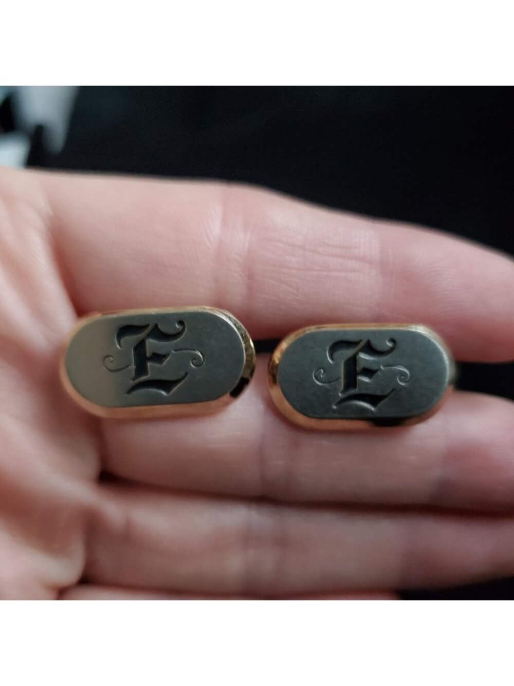 Vintage Initial Letter E Cufflinks Monogram Gold Silver Tone Oval 7/8"